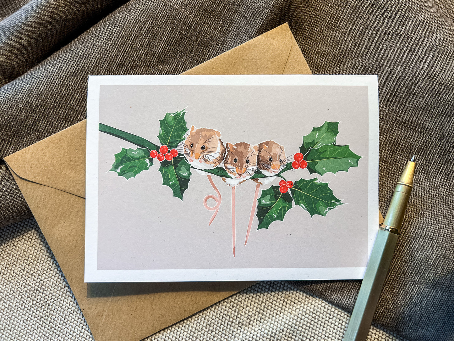 Field Mice & Holly Christmas Card