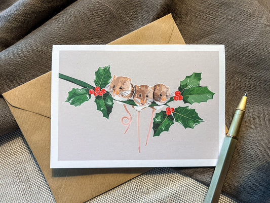 Field Mice & Holly Christmas Card